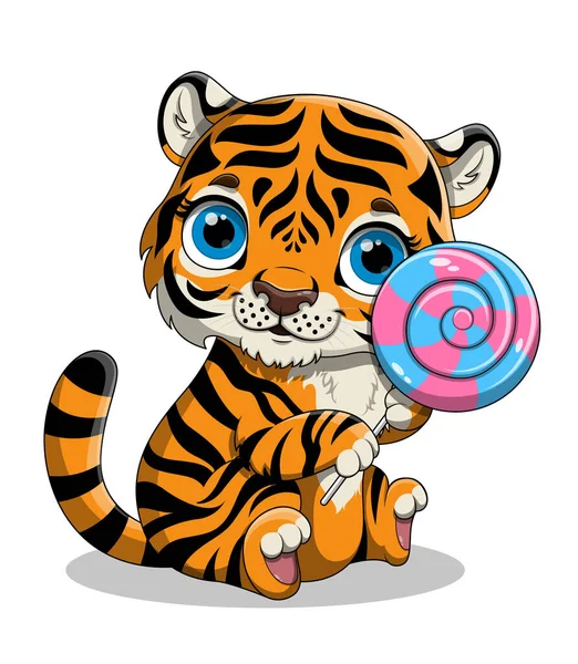 Cute hand drawn baby tiger with big blue eyes and a lollipop on white background — Stock Vector