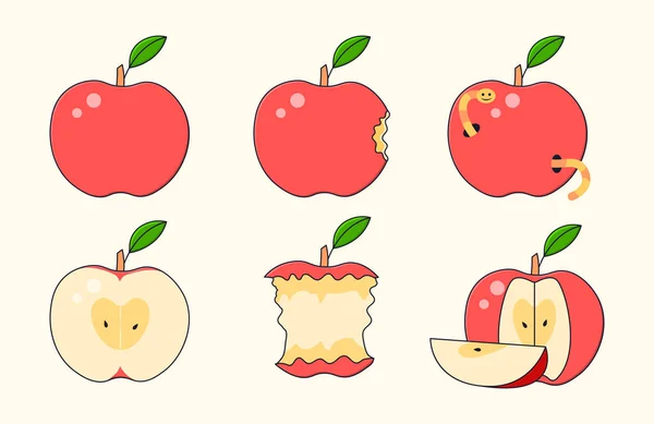 Conjunto de colecciones de manzanas rojas maduras enteras y mordidas sobre fondo blanco — Vector de stock