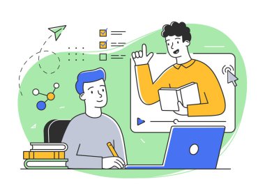 Genç erkek karakter internetten ders çalışıyor.