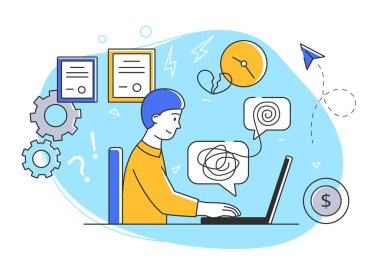 Genç, neşeli erkek karakter bilgisayarda ofisinde yazar olarak çalışıyor.