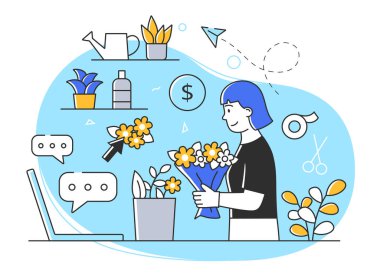 Genç, neşeli kadın karakter evinden internetten çiçek buketleri satıyor.