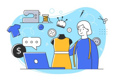 Genç, neşeli kadın karakter internette satış yapmak için bir terzi olarak bir kıyafet parçası üzerinde çalışıyor.