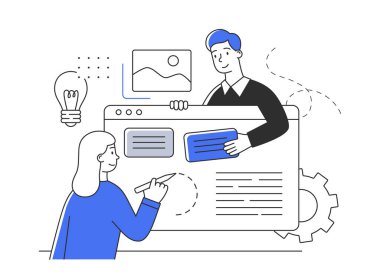 Genç erkek ve kadın karakterler ofiste belgeleri birlikte düzenliyorlar.