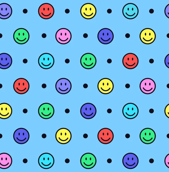 Nahtloses Muster mit bunten lächelnden Gesichtern auf blauem Hintergrund — Stockvektor