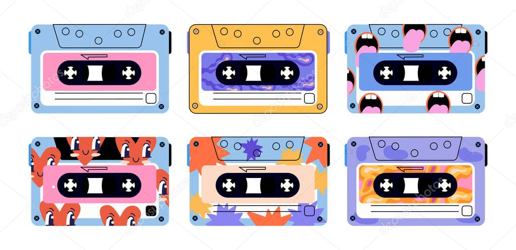 Set of cute retro vintage tape cassettes on white background