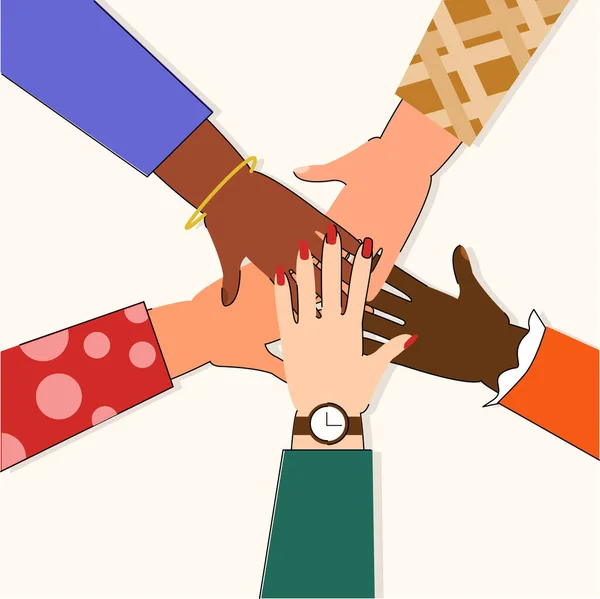 Mãos de grupo diversificado de pessoas unindo em fundo branco — Vetor de Stock