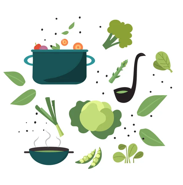 Set de sopa verde vegetal cocinada en olla sobre fondo blanco — Vector de stock