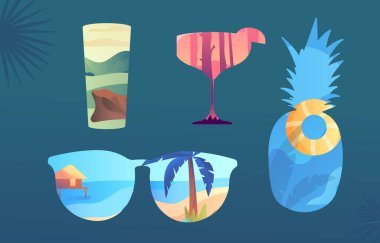 Mavi arkaplanda eğlenceli yaz simgeleri kümesi