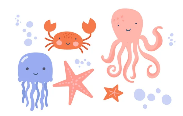 Conjunto de criaturas marinas sonrientes sobre fondo blanco — Vector de stock