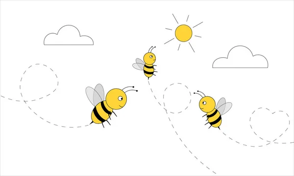 Bienen fliegen hoch oben auf weißem Hintergrund in der Nähe von Sonne und Wolken — Stockvektor