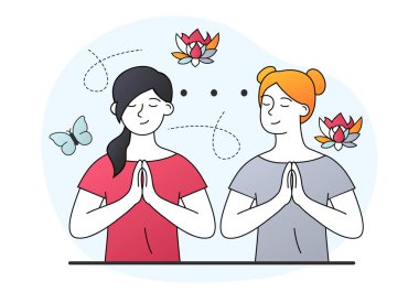 Beden ve zihin için ruhsal terapi uygulayan iki kadın karakter harmoni yogası yapıyor.