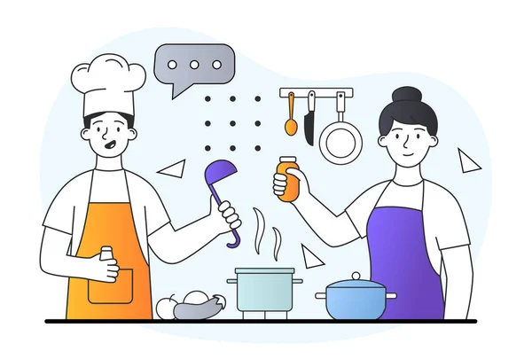 Personagens masculinos e femininos felizes no avental estão misturando ingredientes para fazer uma refeição juntos — Vetor de Stock
