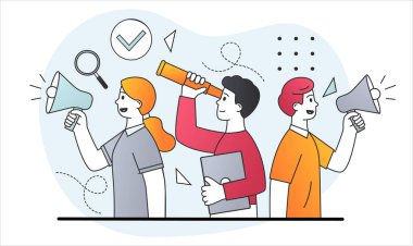 Dürbünü, hoparlörü ve dürbünü olan kadın ve erkek karakterler.