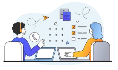 Erkek ve kadın karakterler masada oturup ofiste çalışıyorlar.