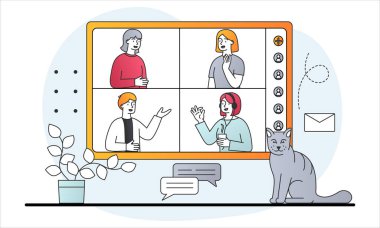 Video konferansı aracılığıyla online toplantıya katılan erkek ve kadın karakterler