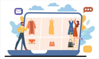 Erkek ve kadın karakterler internetten bilgisayar üzerinden alışveriş yapıyorlar.