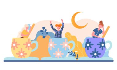 Üç sevimli kadın karakteri çiçek desenli dev bardaklarda oturuyorlar.