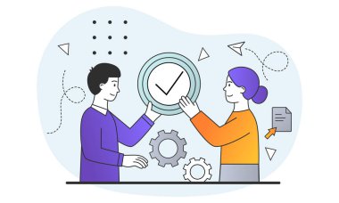 Genç erkek ve kadın karakterler tamamlanmış görev simgesini ellerinde tutuyorlar.