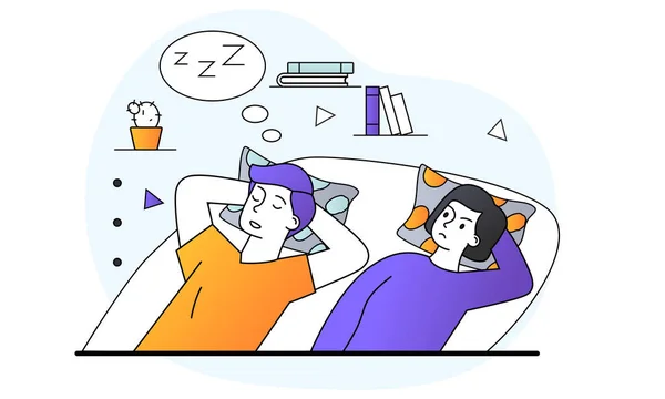 Boos vrouwelijk karakter lijdt aan slapeloosheid als gevolg van snurken man in bed — Stockvector