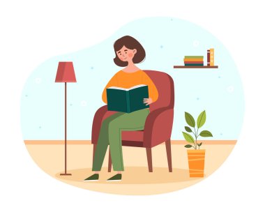 Genç bayan karakter koltukta oturmuş, rahatlıyor ve kitap okuyor.