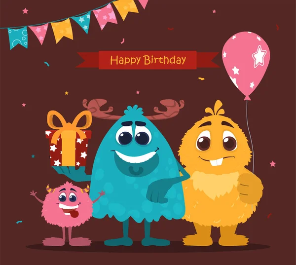 Bunte Vorlage für Geburtstagskarten mit niedlichen lächelnden Monstern auf braunem Hintergrund — Stockvektor