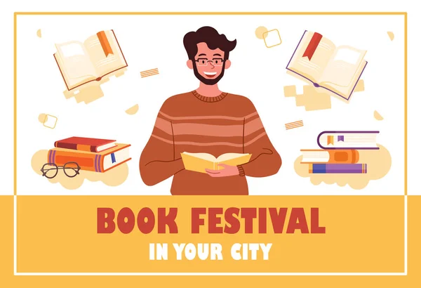 Smiling male character is holding an open book and reading it at book festival — Stock Vector