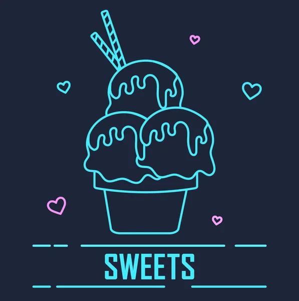 Schattig neon lineair ontwerp illustratie van dessert onderwerp op donkere achtergrond — Stockvector