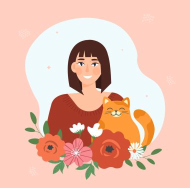 Gülümseyen esmer kadın karakter, pembe arka planda sevimli kedi ve çiçek süslemesi var.