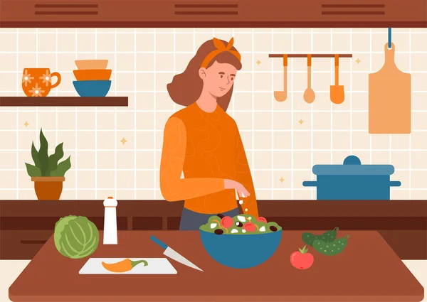 Ευτυχισμένος γυναικείος χαρακτήρας μαγειρεύει χορτοφαγική σαλάτα στην κουζίνα — Διανυσματικό Αρχείο