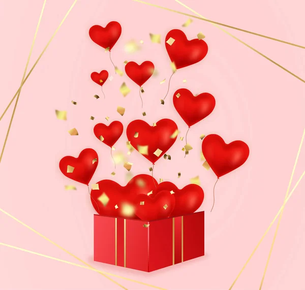 Diseño de San Valentín con globos rojos en forma de corazón volando de una caja grande sobre fondo rosa — Archivo Imágenes Vectoriales