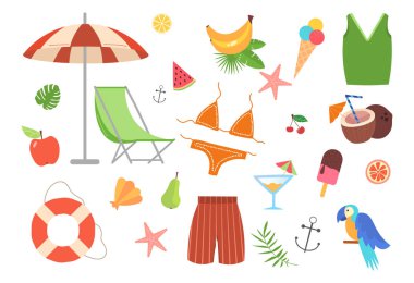 Beyaz arkaplanda önemli renkli yaz öğeleri kümesi