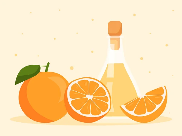 Óleo essencial de laranja em garrafa de vidro e laranjas frescas em fundo amarelo pastel —  Vetores de Stock