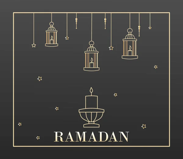 Ramadan kareem piękna kartka z arabskimi ikonami narodowej latarni na ciemnym tle — Wektor stockowy