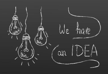 Koyu gri arkaplana doğrusal ampuller çizen basit beyaz çocuksu el.