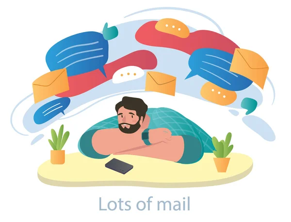 Male characters under stress is overloaded with work mail letters on white background — Stock Vector