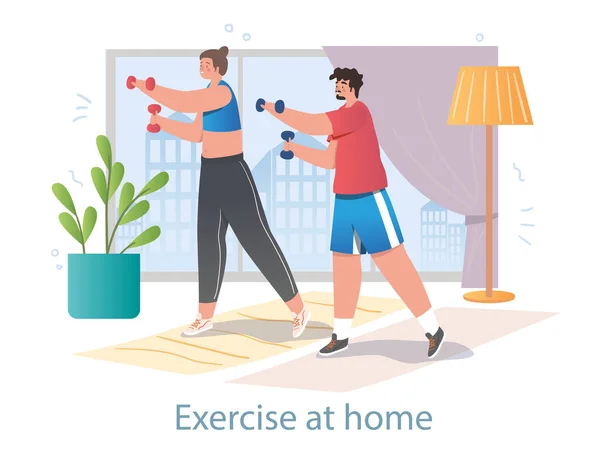 Cute young couple is doing exercises together at home with dumbbells on white background — Stock Vector