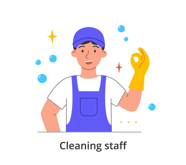Un homme souriant membre du personnel de l'entreprise de nettoyage montre un geste correct dans des gants sur fond blanc — Image vectorielle