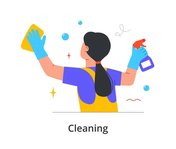 Θηλυκό μέλος του προσωπικού καθαρισμού είναι παράθυρο καθαρισμού με σπρέι και μαντηλάκια με σπρέι σε λευκό φόντο — Διανυσματικό Αρχείο