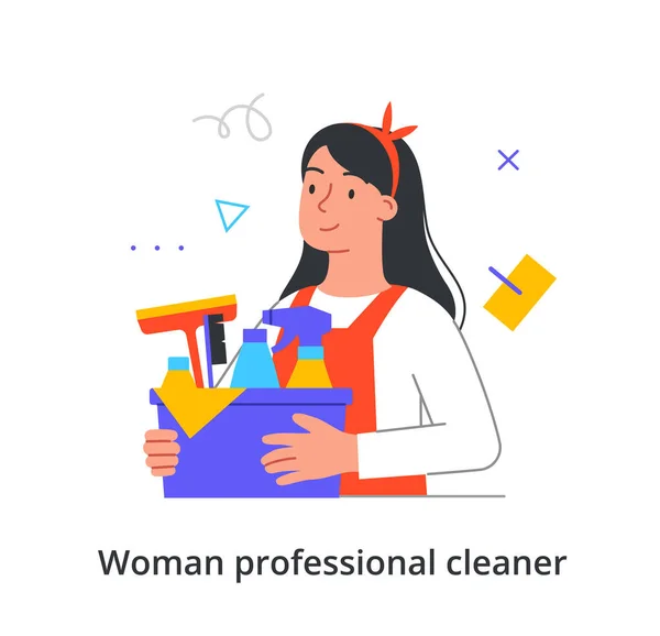 Feliz membro profissional da equipe de limpeza do sexo feminino está segurando uma caixa com equipamento de limpeza em fundo branco — Vetor de Stock
