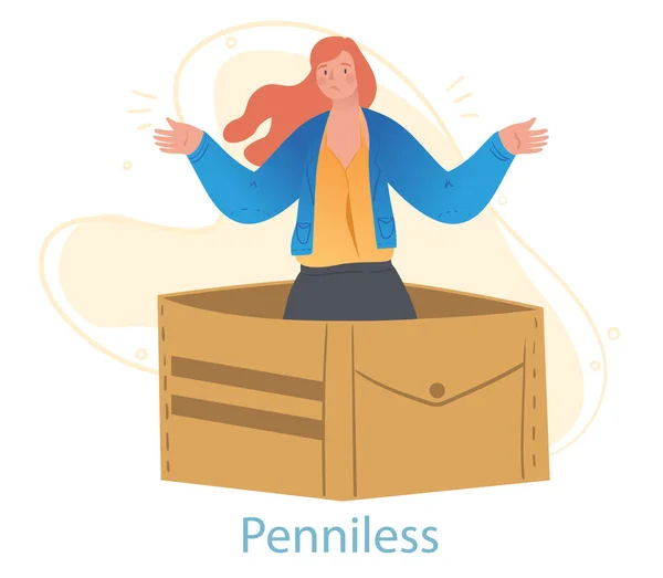 Personagem feminina infeliz está de pé em uma caixa vazia sem dinheiro deixado no fundo branco — Vetor de Stock
