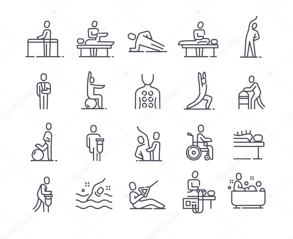 Set of linear essential icons of physiotherapy on white background