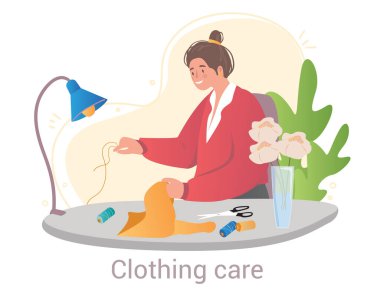 Gülümseyen kadın karakter, onları beyaz arka planda satışa hazırlamak için yeni kıyafetler dikiyor.