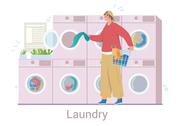 Fiatal vidám férfi karakter mossa ruháit a mosodában fehér háttér — Stock Vector
