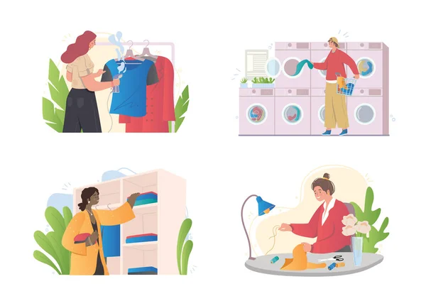 Colorful set of garment care scenes with cleaning, washing, laundrying, drying, repairing and steaming clothes on white background — Stock Vector