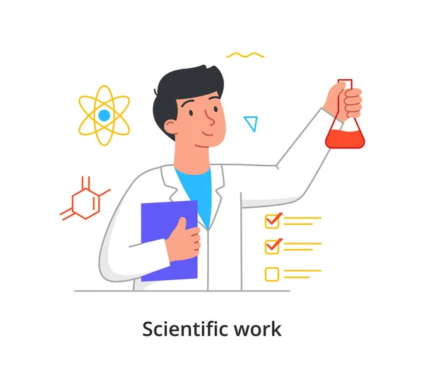 若い男性科学者は白い背景に実験室で赤い液体と試験管を保持しています — ストックベクタ