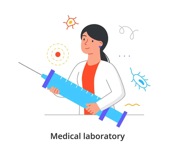 Веселая женщина-ученый держит большой шприц для медицинского анализа в лаборатории на белом фоне — стоковый вектор