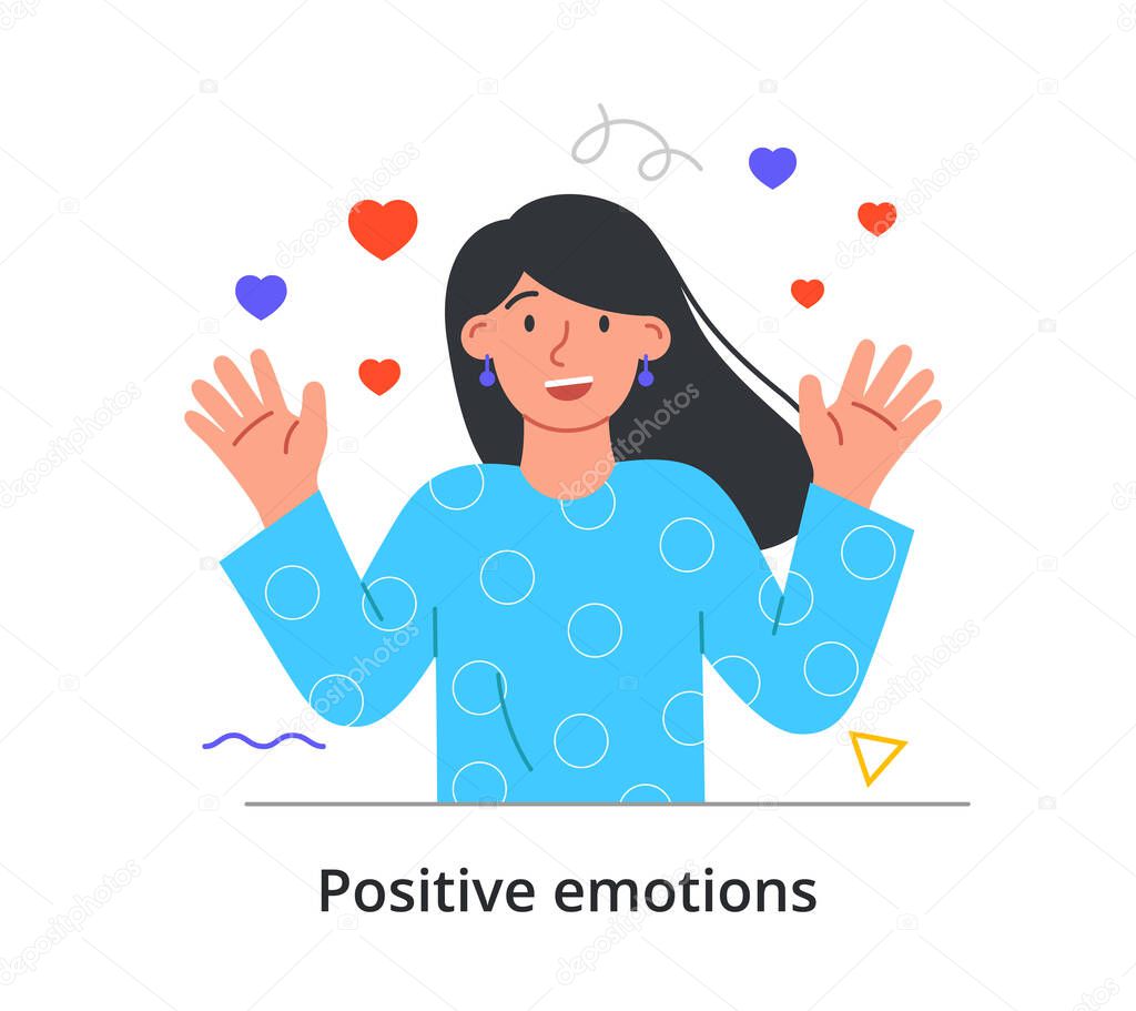 Smiling female character in love is waving with two hands on white background