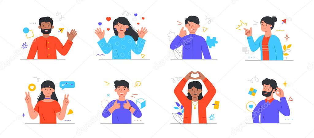 Set of happy male and female characters express various positive emotions with gestures on white background