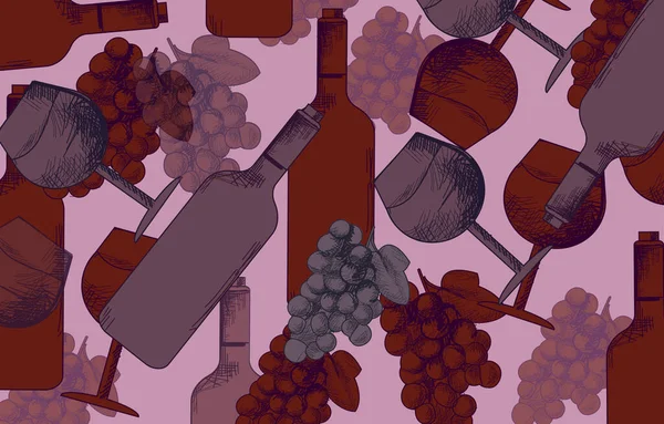 Симпатичный красочный ручной рисунок бокалов, бутылок, винограда и виноградного листа на розовом фоне — стоковый вектор