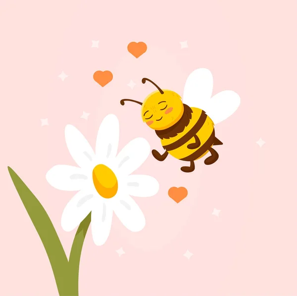 Цветок ромашки с милой пчелой, летящей поблизости на розовом фоне — стоковый вектор